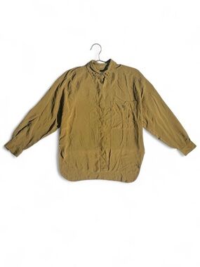 Vintage 90s Olive Silk Button Front Blouse Studded Collar Minimalist Top